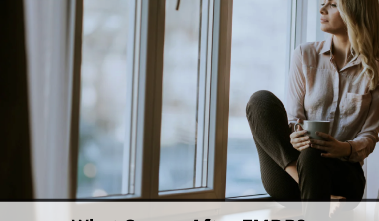 Person sitting calmly in a quiet room after therapy, appearing reflective and grounded, representing trauma recovery and emotional integration after EMDR therapy.